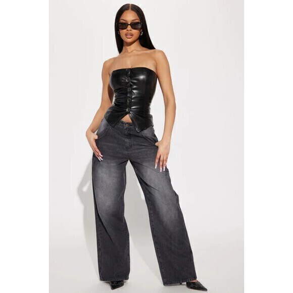 Button Up Strapless Faux Leather Top Black Size M RefM100 - Picture 2 of 11